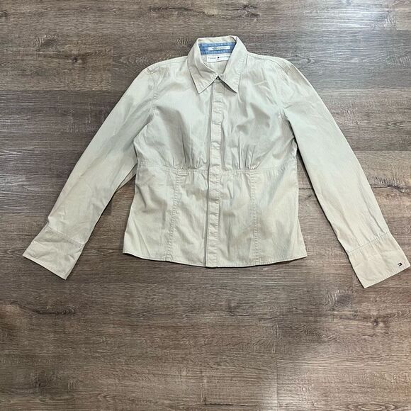 TOMMY HILFIGER Women’s Long Stretch Sleeve Blouse Button Up Color Beige … - Picture 1 of 5